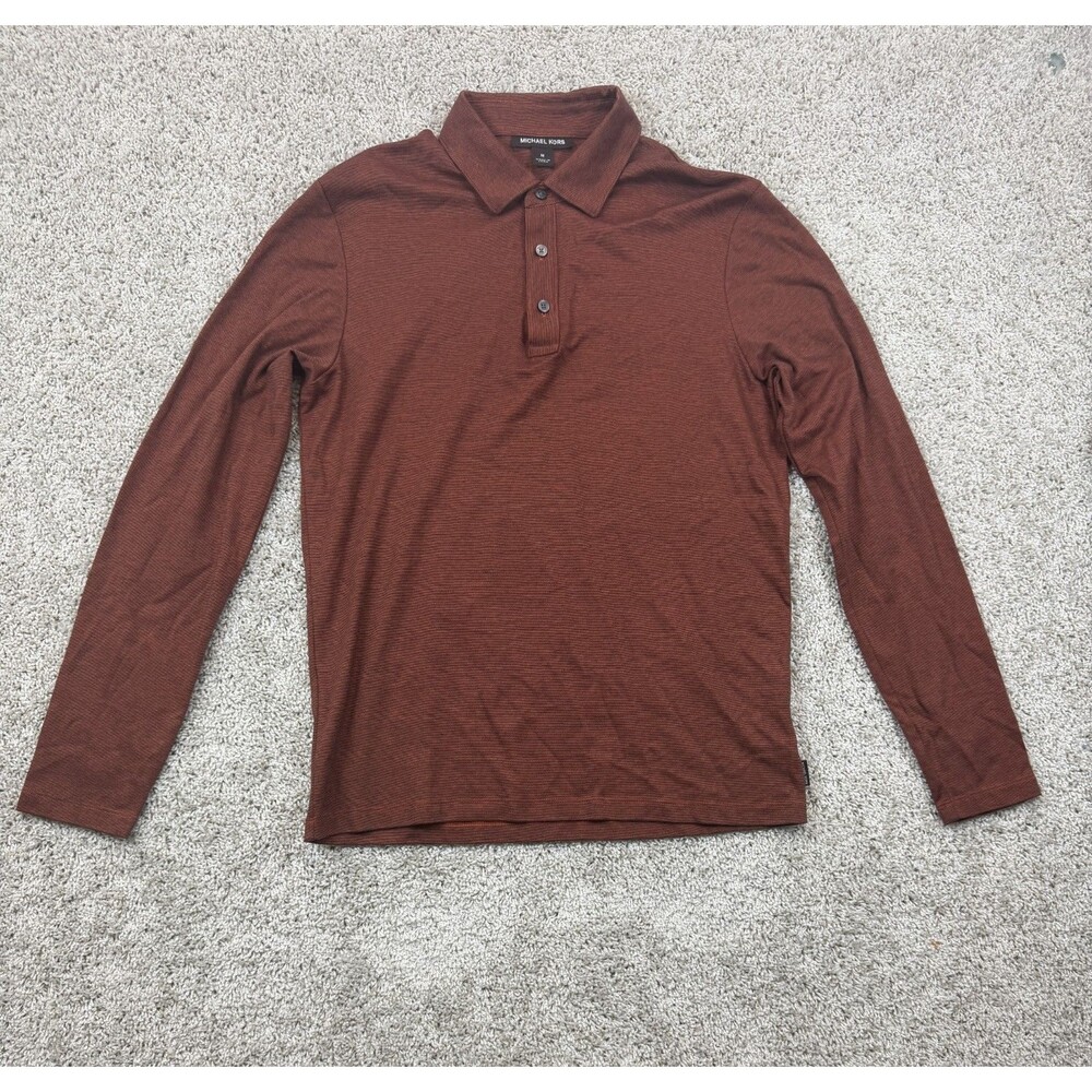 Michael Kors Mens M Brown Long Sleeve Polo Shirt Cotton Designer Casual Classic